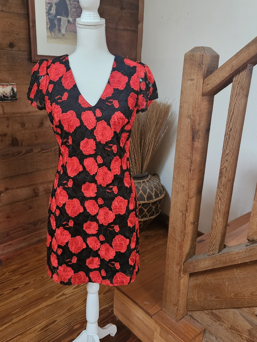 Sam Edelman Black Mini Dress with Red Rose Appliqué